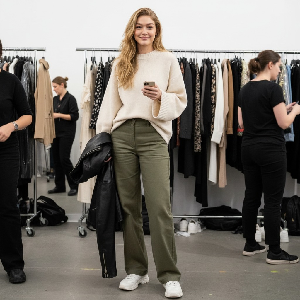 Gigi Hadid backstage at fashion week