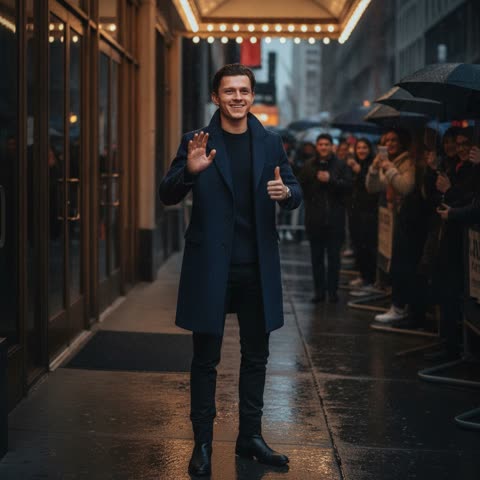 Tom Holland greets fans in the rain