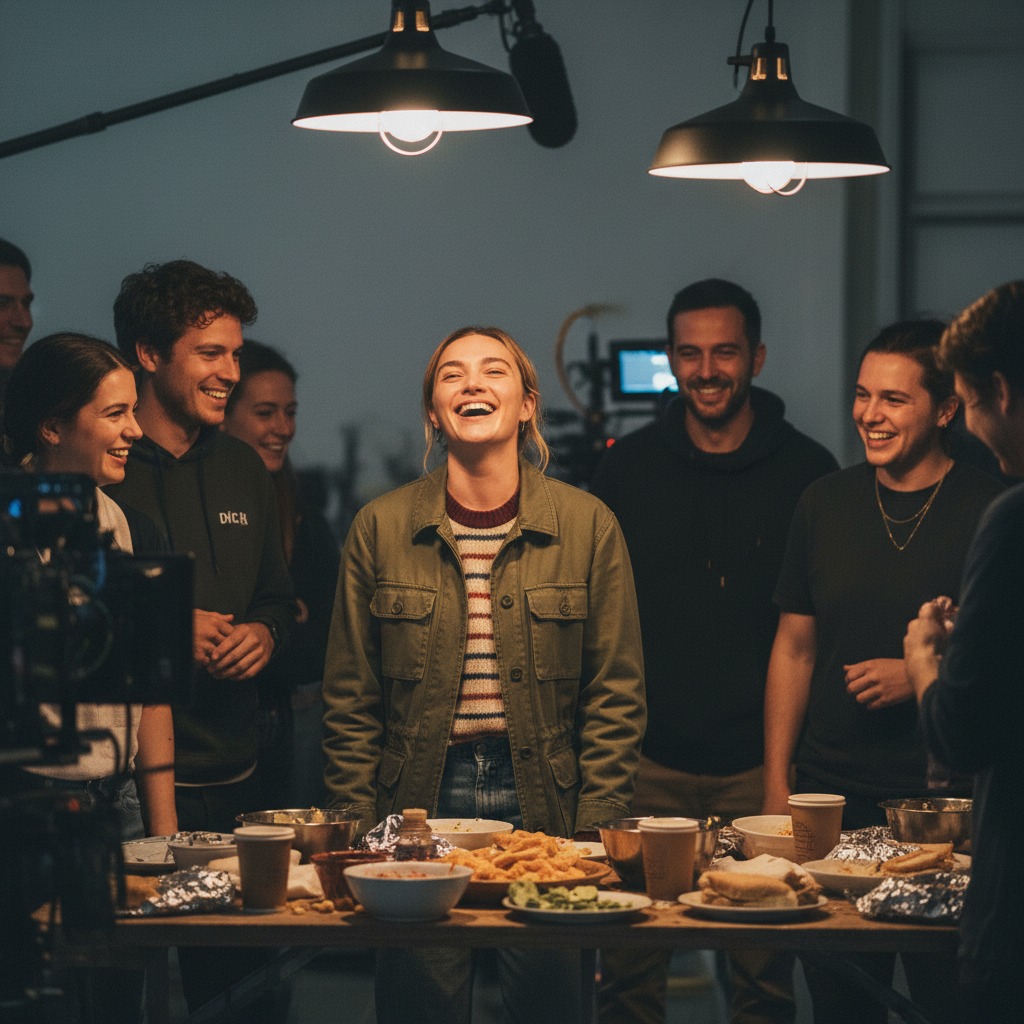 Florence Pugh shares a laugh on set