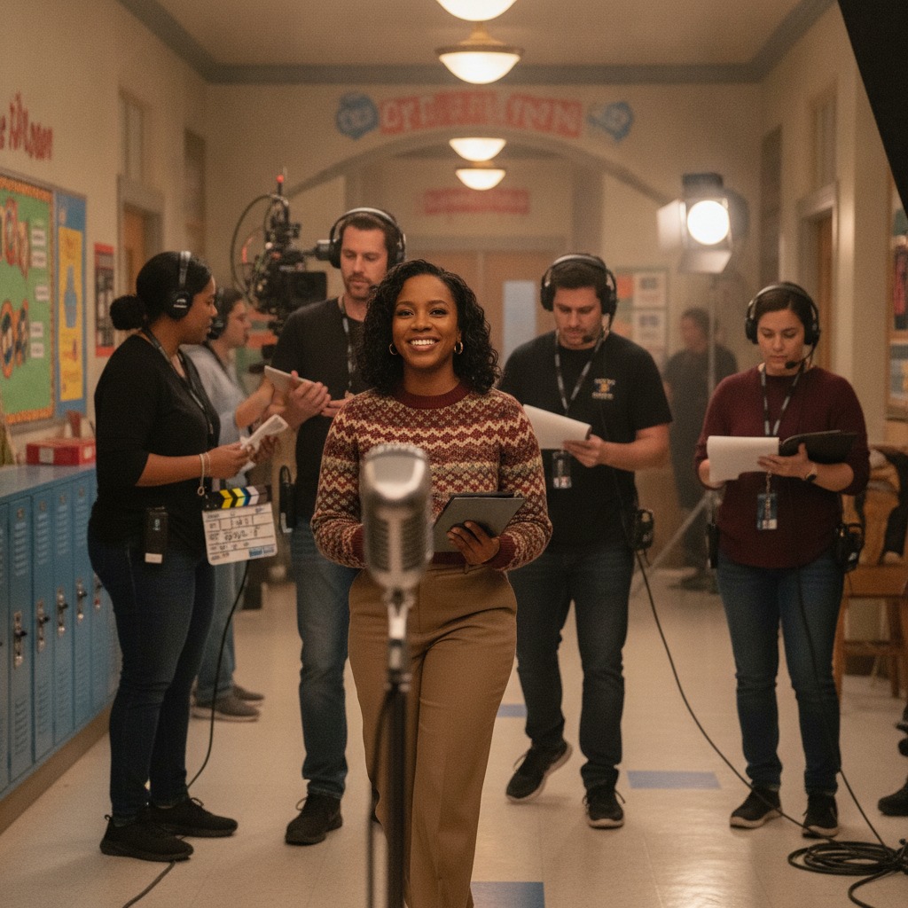 Quinta Brunson on set