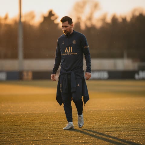 Messi on the pitch at sunset