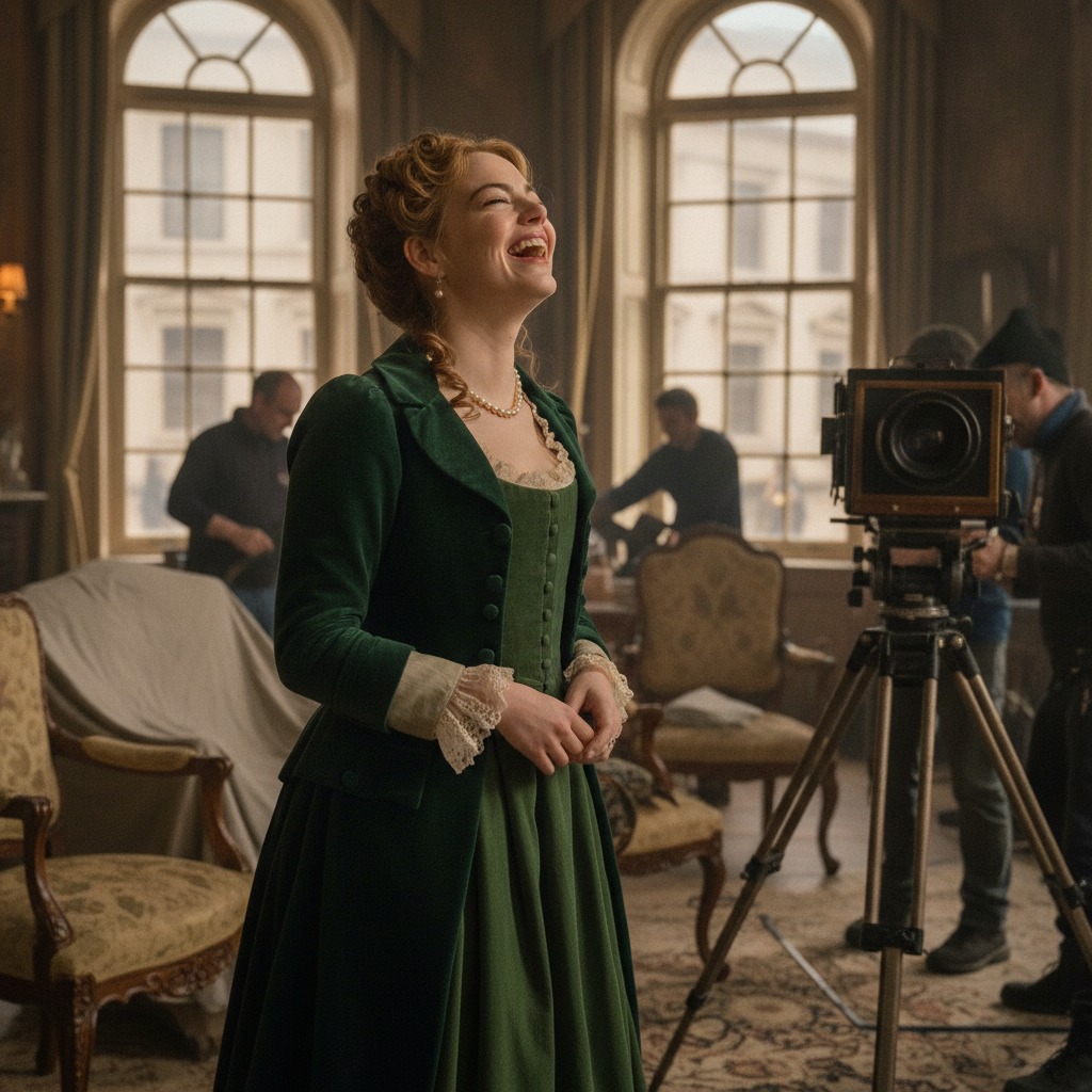 Emma Stone laughs on set